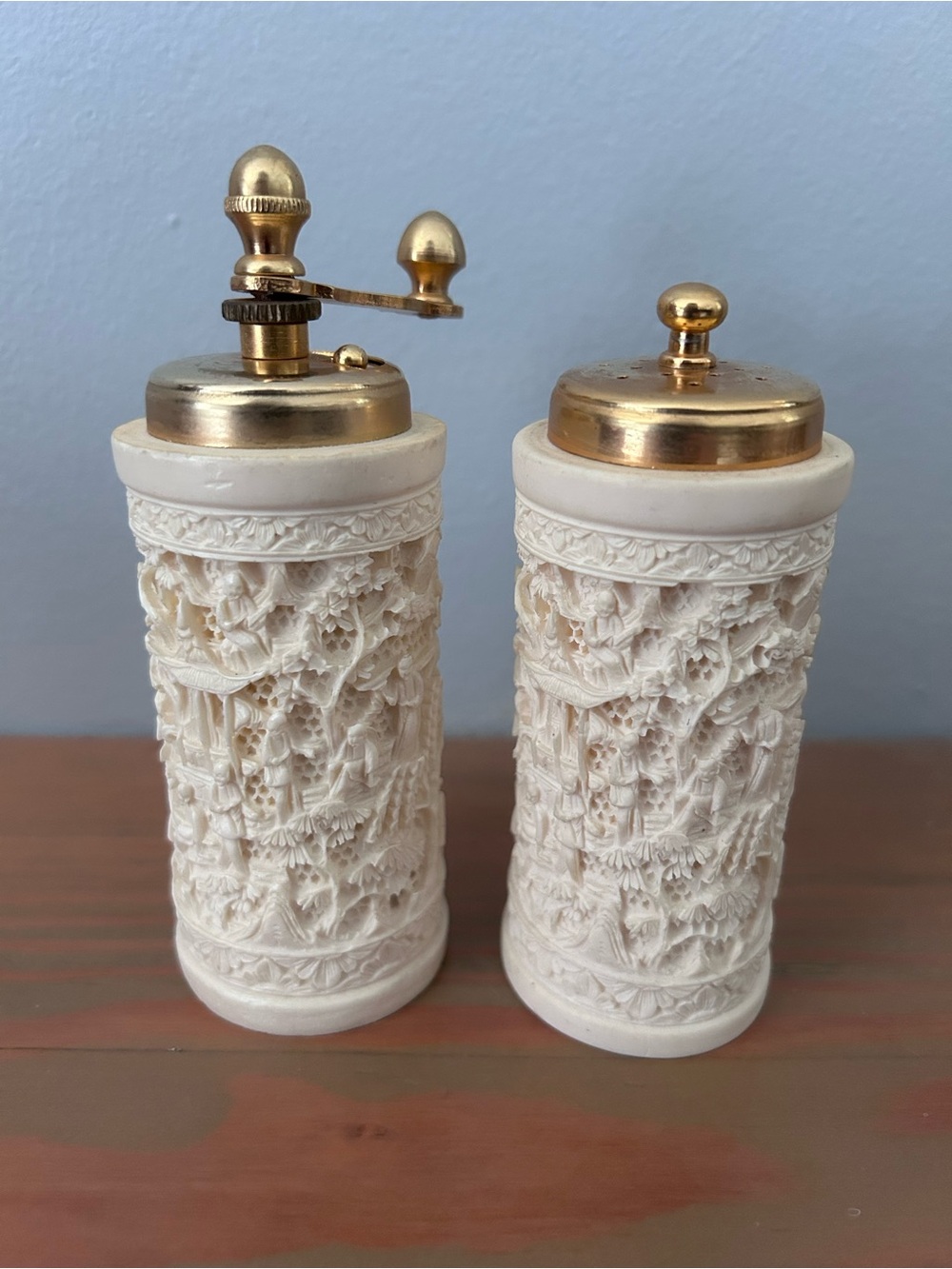 Vintage Italian faux ivory salt shaker & pepper grinder